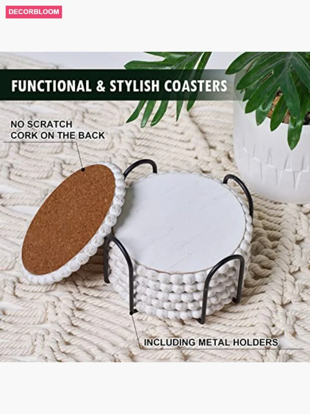 6pk Farmhouse Wooden Coasters with Metal Holder, Handmade Absorbent Cup Coasters